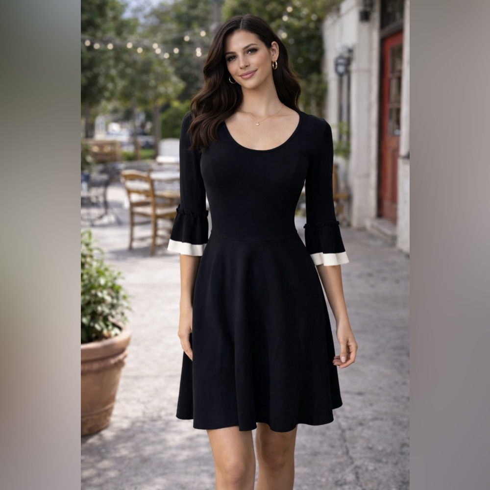 Draper James Dress S Small 4 6 A Line Black White 3/4 Long Sleeve NEW